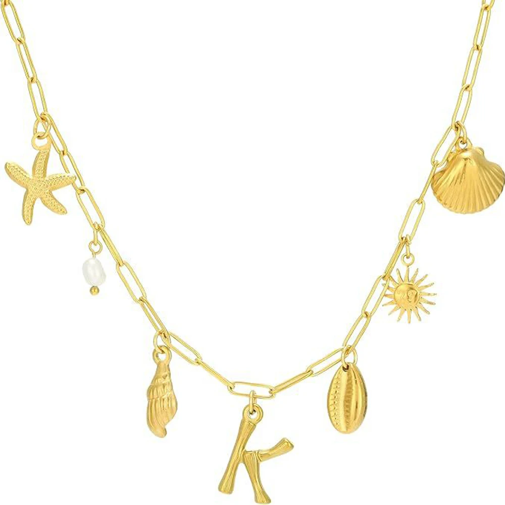 Bohemia Boho Charm Necklace for Women, 14K Gold Shell Sun Starfish Summer Beach Necklace 16+3