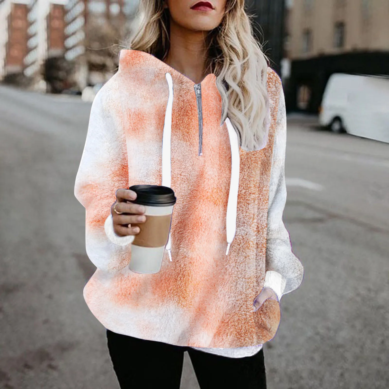 Women's Warm Tie-Dye Hoodie Velvet Thick Polar Fleece Pullover Drawstring Jumper Half Zipper Hooded Oversize Top Autumn Winter