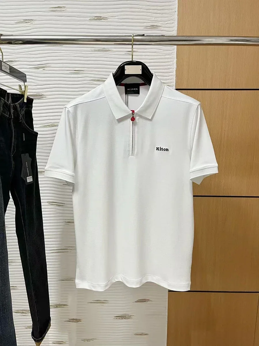 

Kiton Italian Letter Embroidered Half Zip Lapel Short Sleeve POLO Shirt