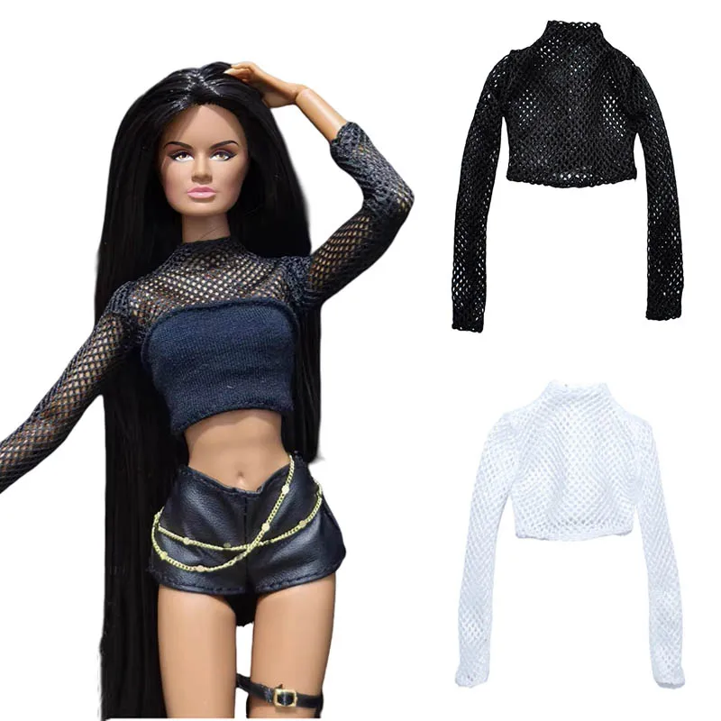 

30cm Doll Clothe Fishing Net Long Sleeve Top+Fashion Spice Girls Leather Love Heart Vest For 1/6 BJD OB24 FR Supermodel Dress Up