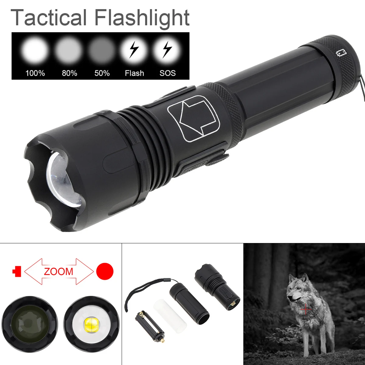 SecurityIng Powerful Hunting Flashlight Zoomable P50 LED Tactical Flashlight Lamp USB Rechargeable 5 Modes Outdoor Torch Light