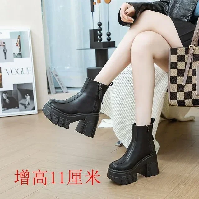 Fujin 11cm New Microfiber Leather Women High Brand Pumps Heels White Shoes ZIP Increase Casual Ankle Boots Platform Wedge Shoes