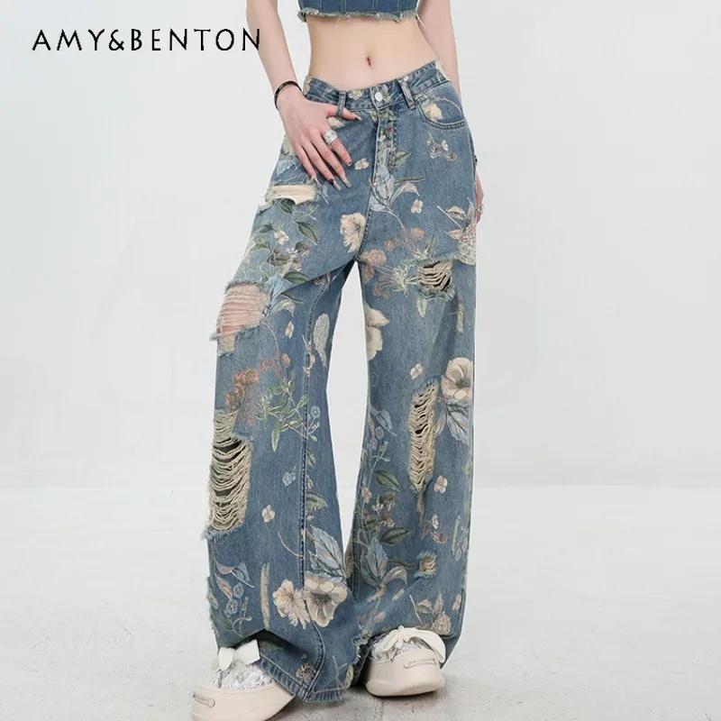 

Summer New 2024 American Retro Style Printed Ripped Jeans Ladies Long Loose Straight Mop Denim Wide Leg Pants Women's Clothing