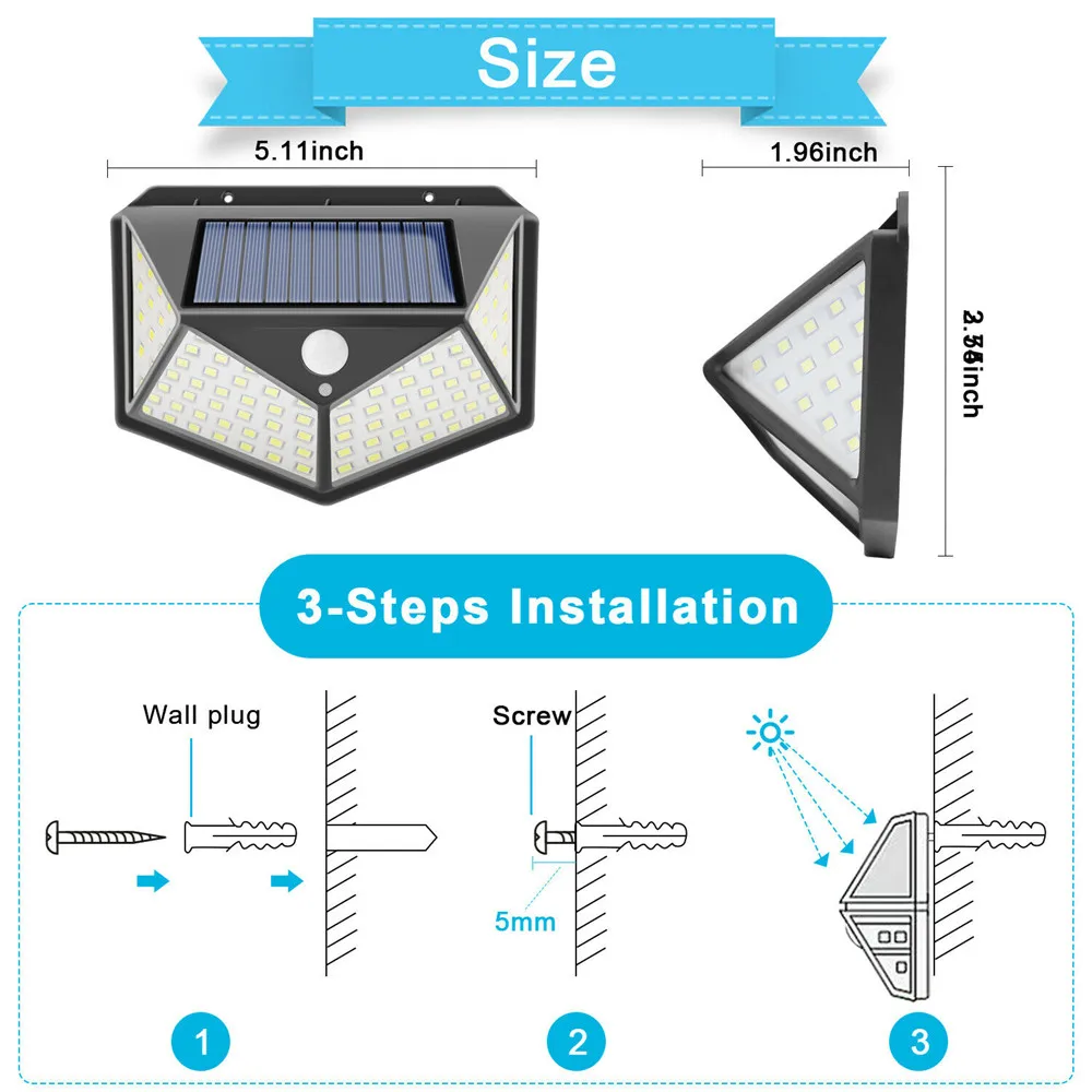 100 LED Solar Wall Lamp 3 Modes All Sides Luminous Motion Sensor Human Induction Courtyard Waterproof Stairs Outdoor Wall Light