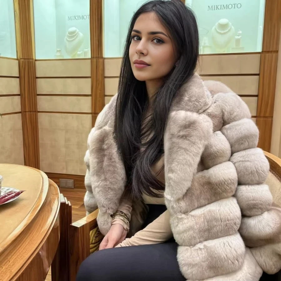 Women\'s Natural Fur Coat Short Winter Coats Ladies Long Chinchilla Jacket Real Rex Rabbit Fur Luxury Brand Contrast
