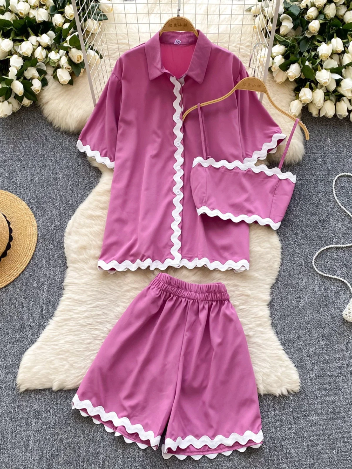 Set atasan dan celana Korea Sle Ne, model tube top untuk wanita, busana musim panas, potongan longgar, pinggang lebar, celana panjang, tampilan feminin.