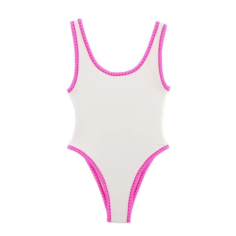 

Women's White & Pink Contrast Trim One Piece Swimsuit - High Cut Thong Style, Cute Scalloped Edge, Perfect for Summer