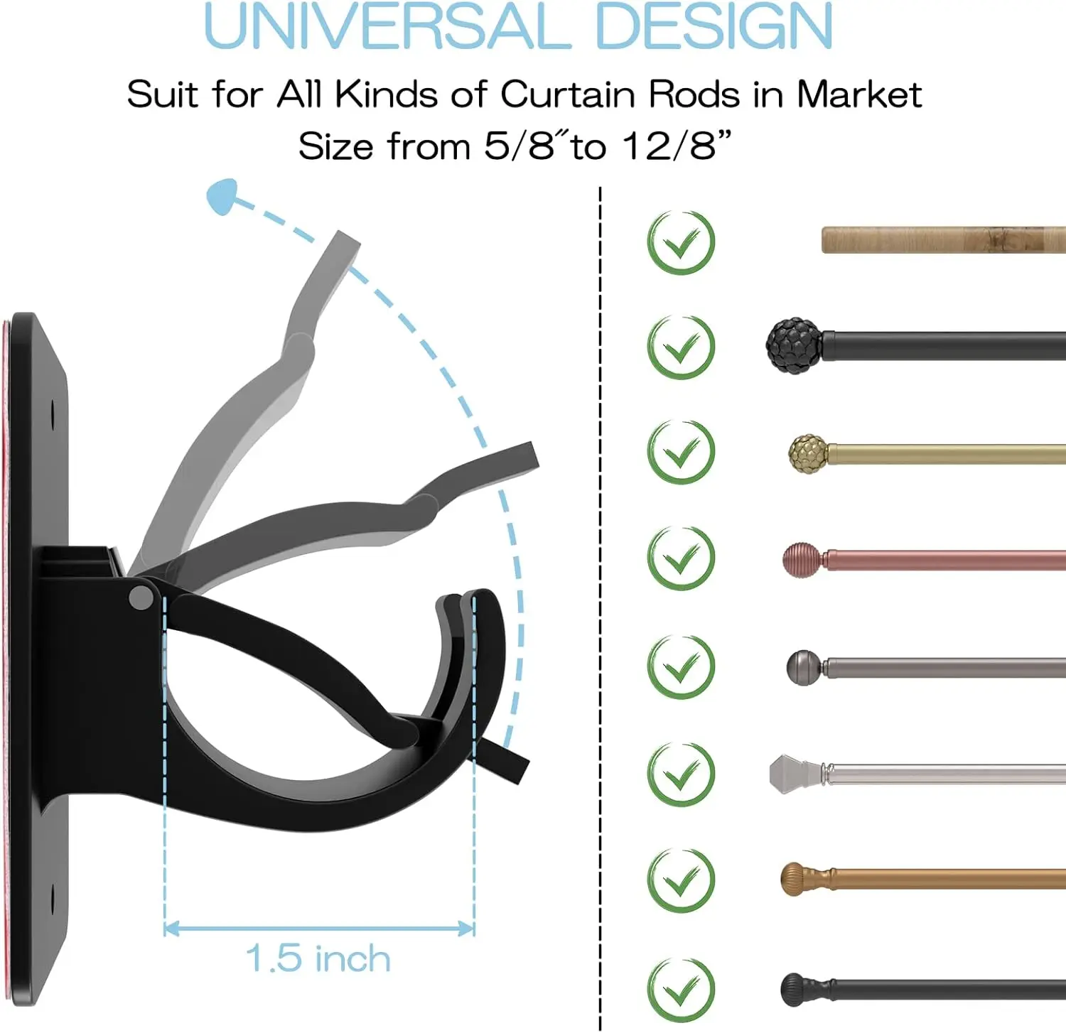 Self Adhesive Curtain Rod Brackets, No Drill Plastic Holders for Bathroom, Bedroom, Kitchen, Black view 2