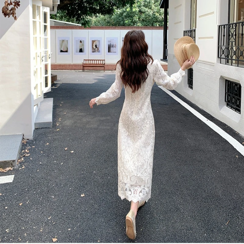 الخريف الفرنسية الراقية فستان جنية أنيق المرأة الخامس الرقبة المطرزة واحدة الصدر ثوب مسائي عطلة عطلة الملابس #6