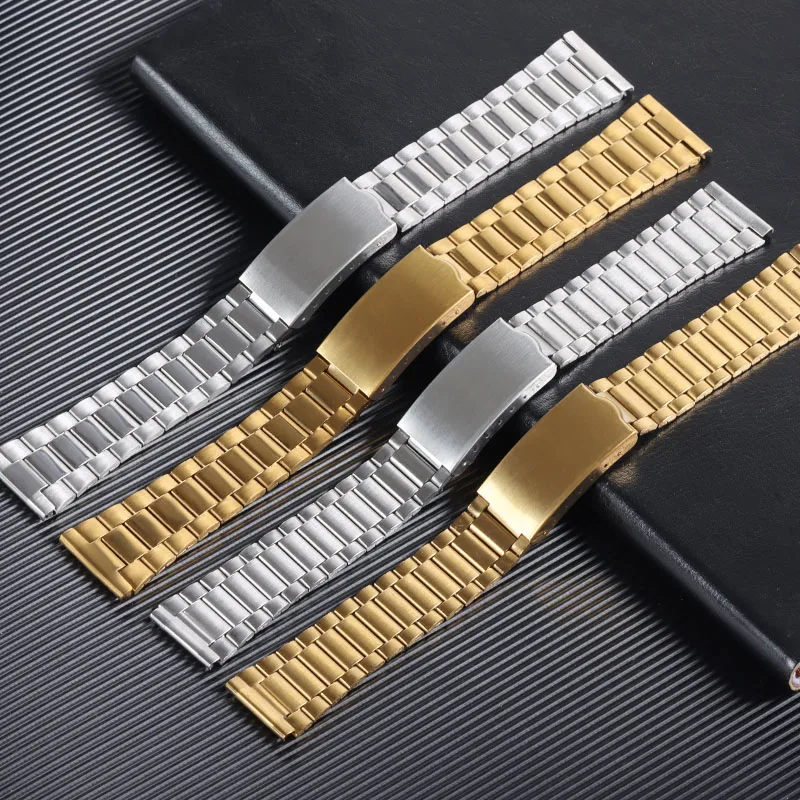 Silver Gold Metal Folding Buckle Stainless Steel Piece Watch Band 12mm 14mm 18mm 20mm Strap Wrist Bracelet 3 Beads Replacement