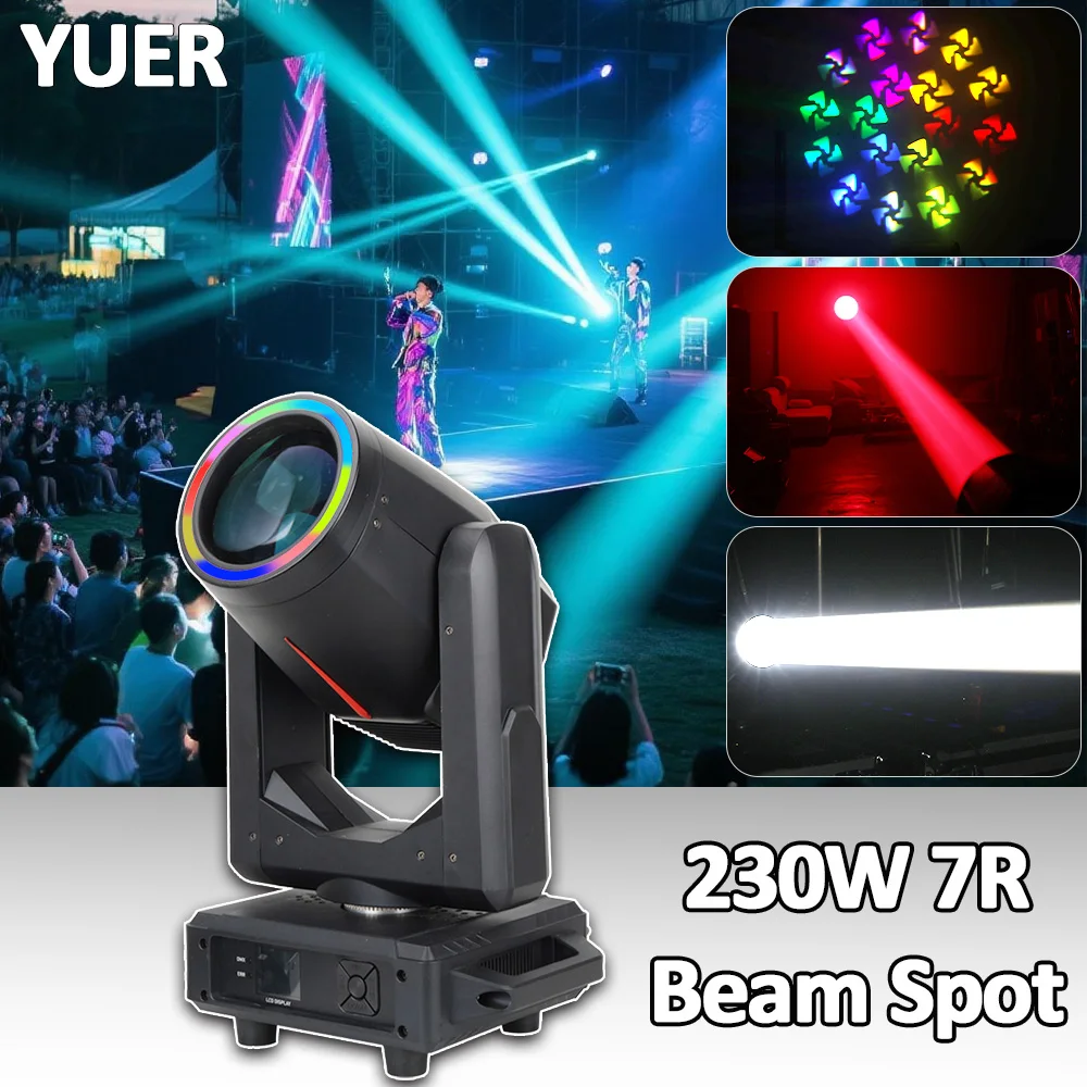 

YUER 230W 7R Beam Moving Head Light Focus Frost Effect с RGB-кольцом DMX512 Управление для Dj Disco Wedding Party Club Stage Lights