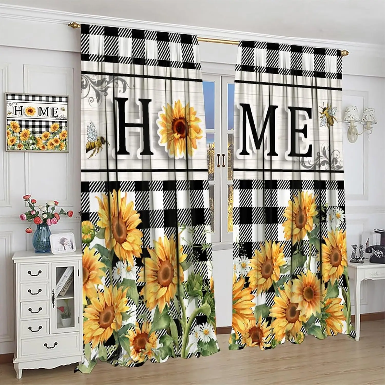 

Rustic Sunflower Curtains for Kitchen, Vintage Farmhouse Spring Yellow Flower Black White Buffalo Plaid Print Window Treatments