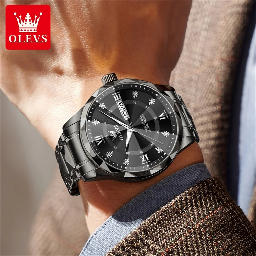 OLEVS 5609 Men\'s Watches Rhombus Design Black Stainless steel Calendar Week Waterproof Luminous Original Quartz Watches for Men