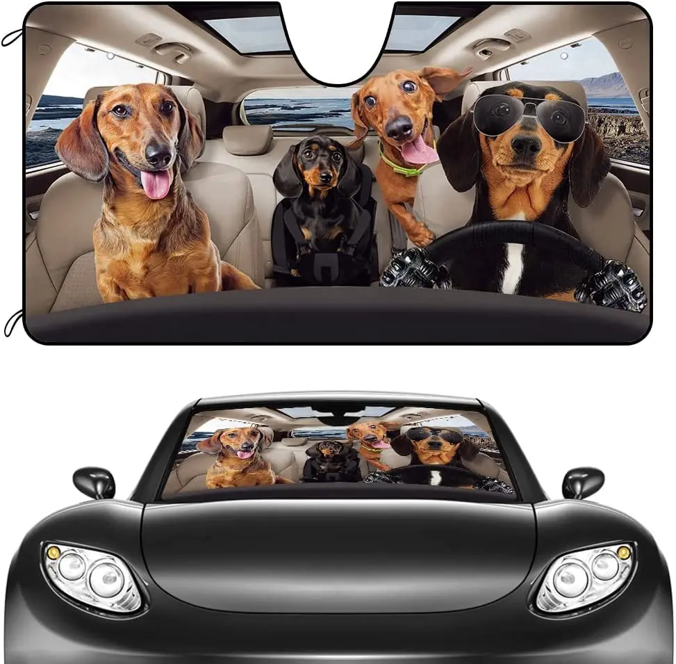 

CafeTime Dog Car Front Windshield Sunshade Funny Dachshund Puppies Decor Vehicle Sun Shade Visor UV Ray Reflector Sun Protector,