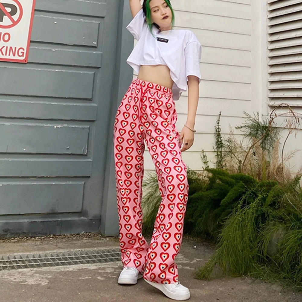 Missnight Pink Pants Heart Printed Straight Elastic High Waist Pants Drawstring Fashion Pants Streetwear Vintage 2023 Harajuku