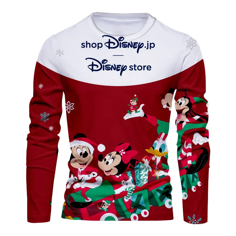 New Christmas New Disney Brand Mickey and Minnie Anime 3D Printing Fashion Casual Trend Men\'s Round Neck Long Sleeve T-Shirt