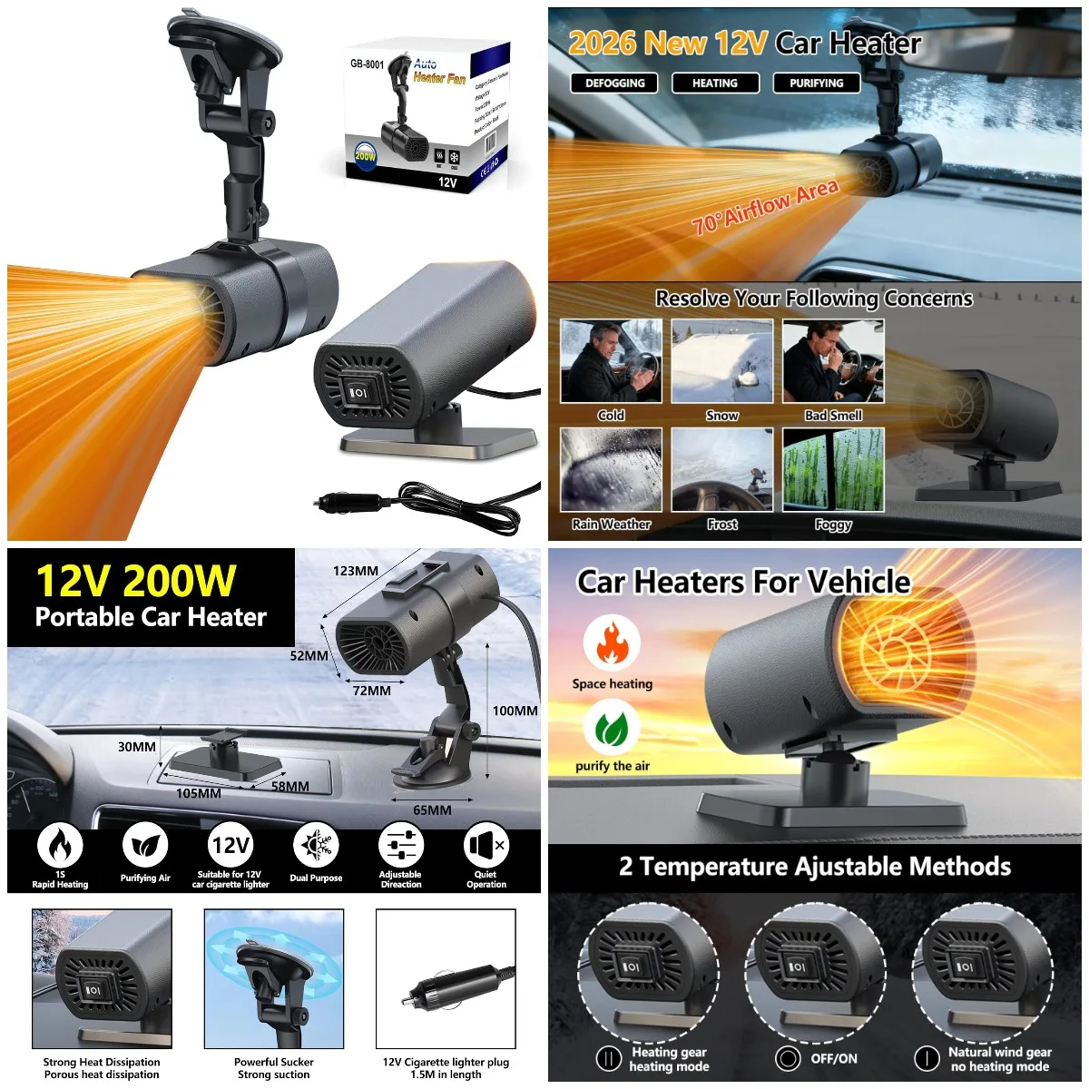 

2026 New 12V Portable Car Heater, 200W Cigarette Lighter Heater for Defroster & Defogger (Black)