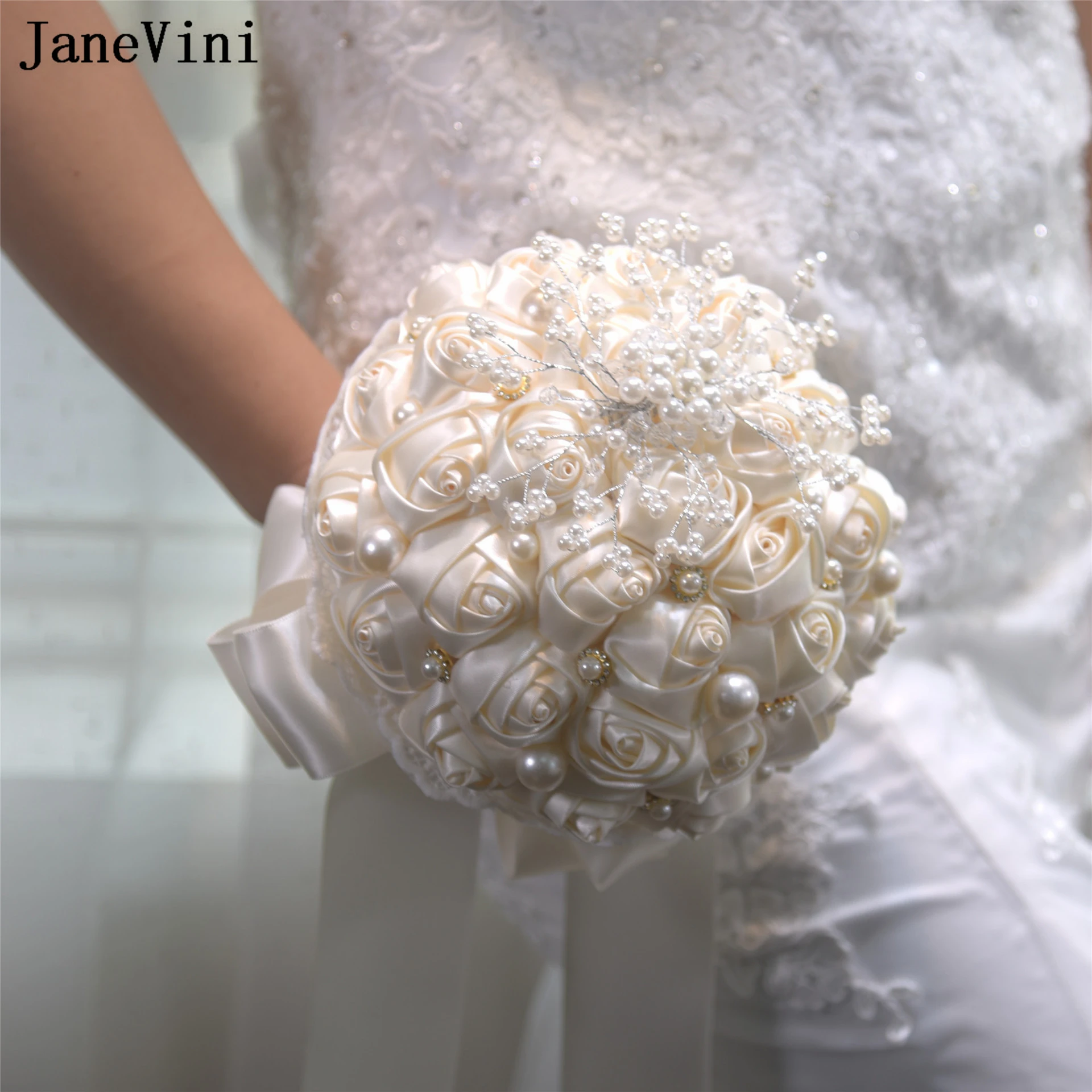 JaneVini-Bouquets de Demoiselles d'Honneur en Satin Artificiel, Coréen, Ivoire, avec Perles, Accessoires de Mariage