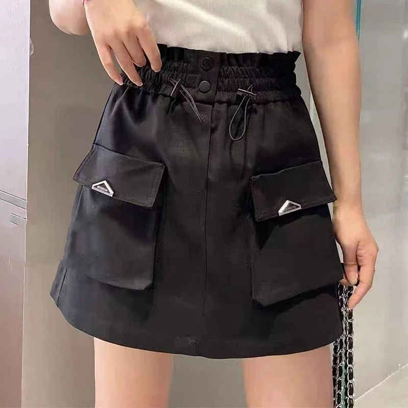 

American style summer thin style high waist slimming big pocket cargo half skirt for women versatile A-line shorts skirt