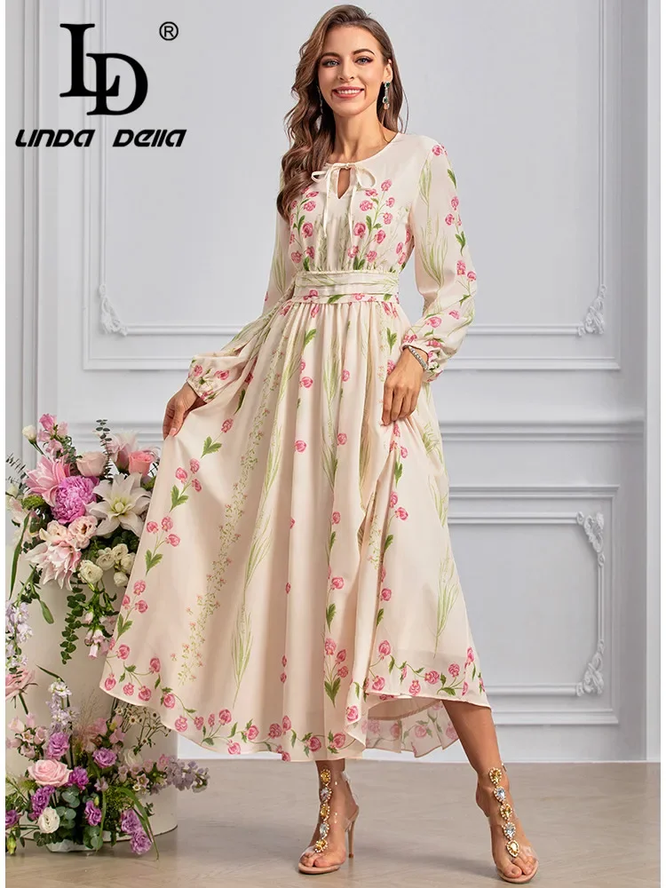 

LD LINDA DELLA Fashion Designer Summer Dress Women's Bohemian Floral Print Lace Up Chiffon Ruched Flutter Temperament Dresses