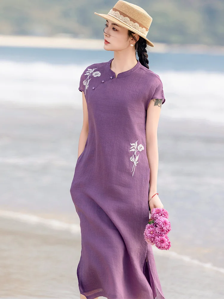 

New Chinese Style Sleeveless Embroidered Silk Dress Women's Loose Summer Fashionable Vintage Purple Dress