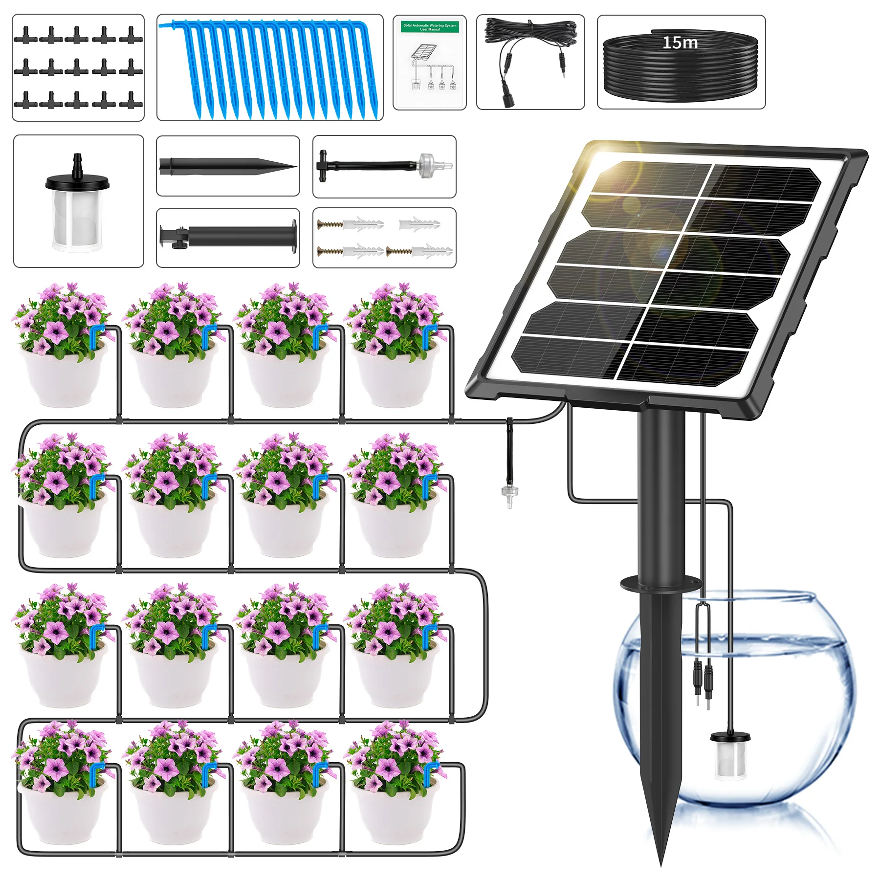 Forever Speed Solar Bewässerungssystem mit Wassersensor, Automatische Bewässerungssystem Garten mit 6 Timer-Modi + 15 M Schlauch für Garten, Balkon Pflanzen, Kübelpflanzen im Freien