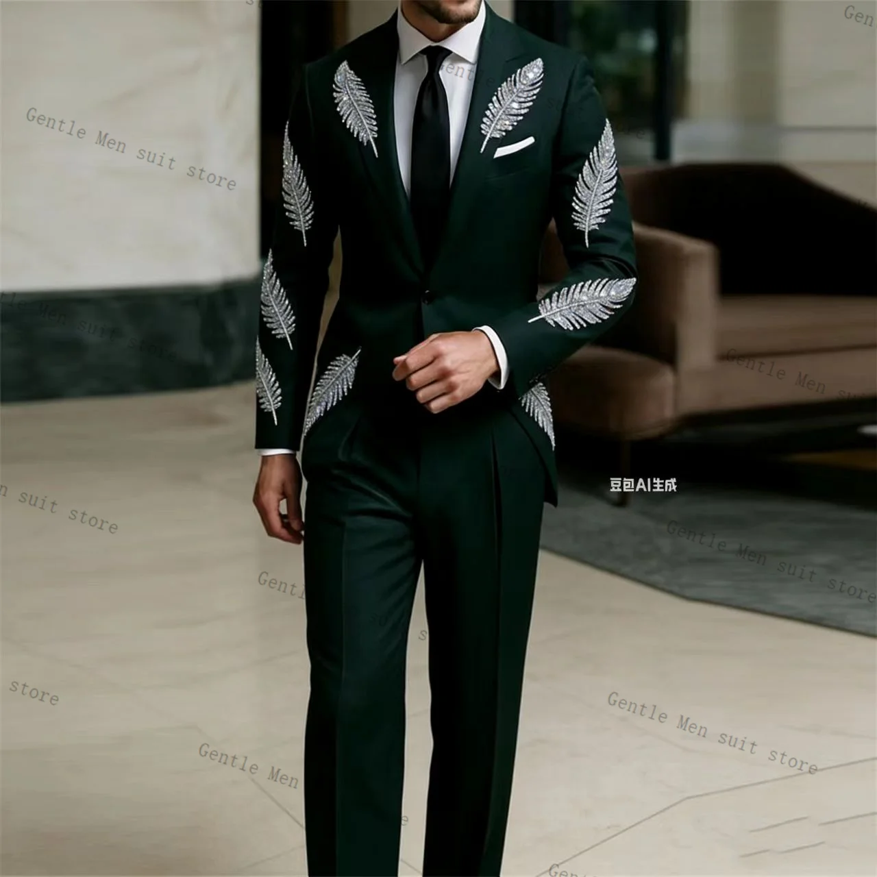 

Feather Crystals Green Men Suit Set 2 Pcs Blazer+Pants Trousers Wedding Tuxedo Formal Office Business Jacket Coat Customized