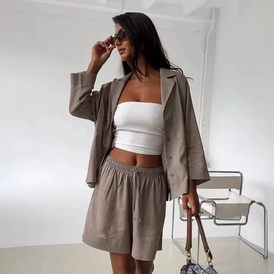 

2026 Summer New Women Suit Collar Seven Quarter Sleeve Shirt Shorts Set Lazy Leisure Multi Colors Optional