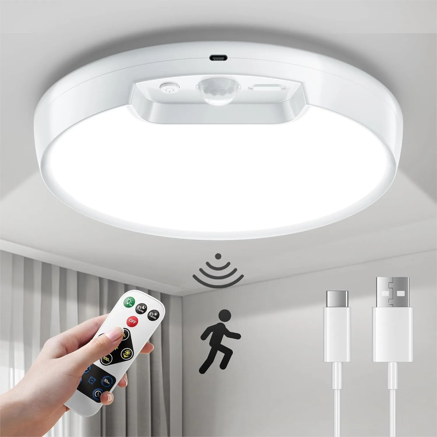 

8000mAh Rechargeable Ceiling Light, Battery-Operated Wireless Motion Sensor with Remote for Bathroom, Closet, Stairs, Hallway