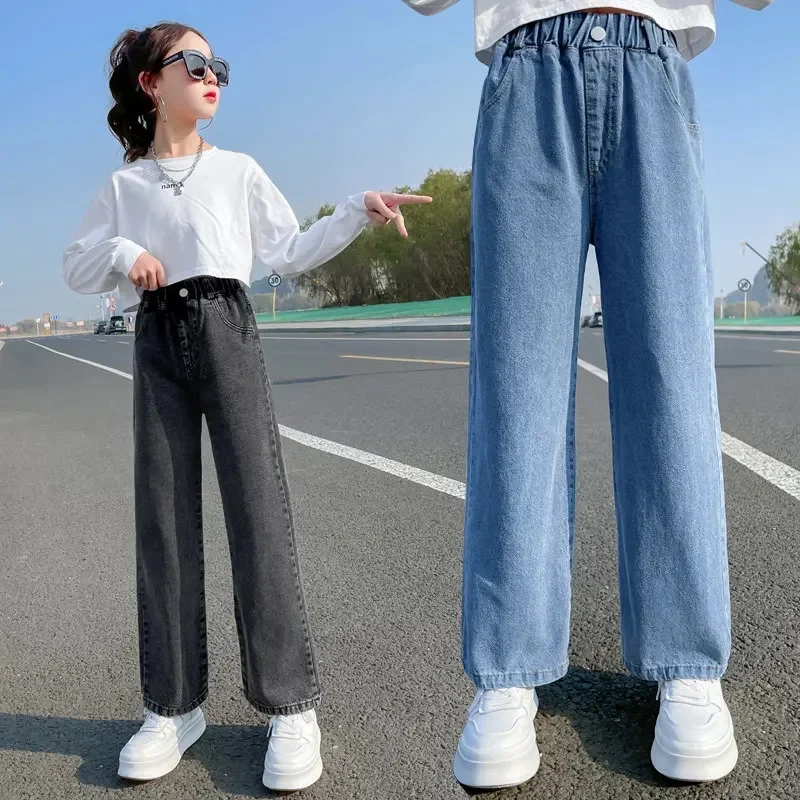 2024 Casual Style Jeans For Girl Teenage Clothes Elastic High Waist Denim Wide Leg Pants Spring Big Kids Straight Trousers 5-14Y