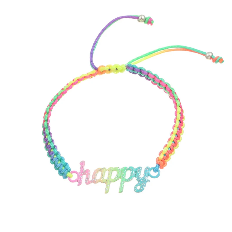 4Pcs/set Colorful Handmade Knitted Rainbow Rope Happy Smile Love Peace Words Charm Bracelet for Girls DIY Jewellery