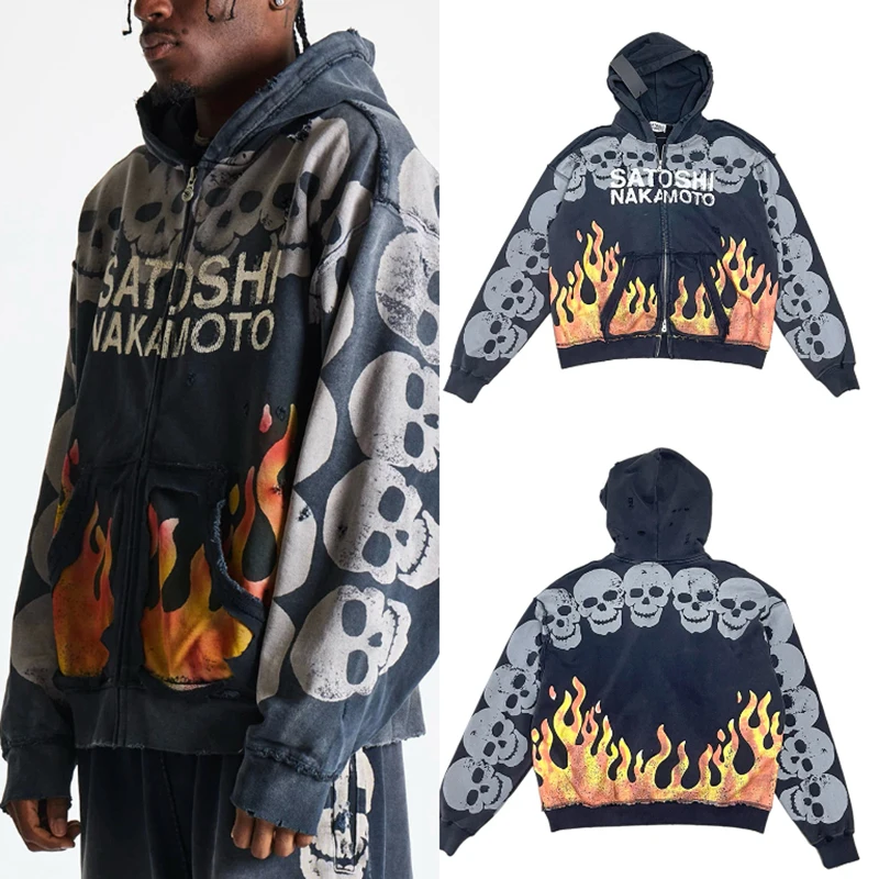 SATOSHI NAKAMOTO Vintage Skull Fire Graphic Full Zip Hoodie Streetwear Oversized Hooded Coat