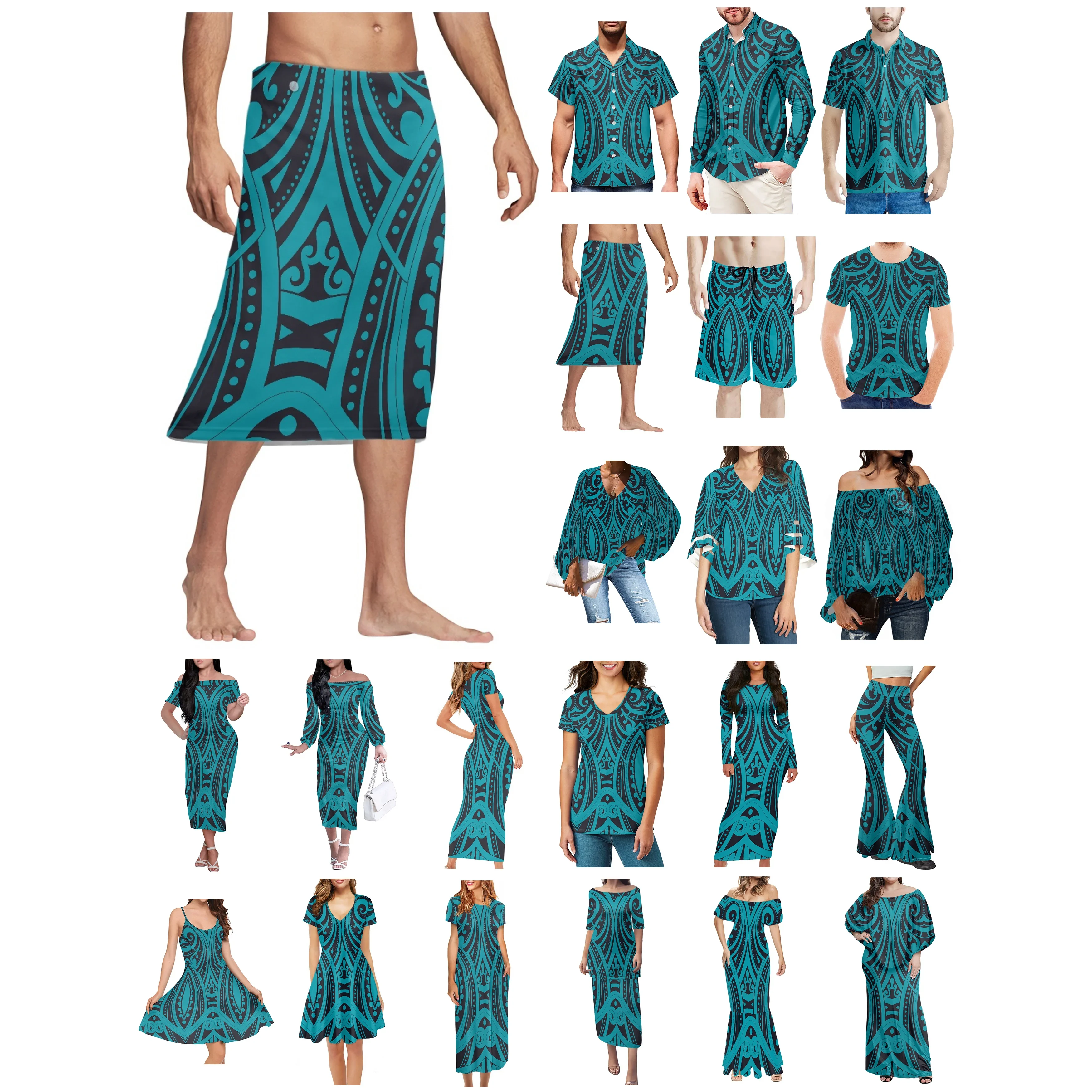 Polynesian Tonga Hawaii Fiji Guam Samoa Pohnpei Tribal Tattoo Prints Clothes Women Dress Matching Men Shirt Blue Lovers Clothes