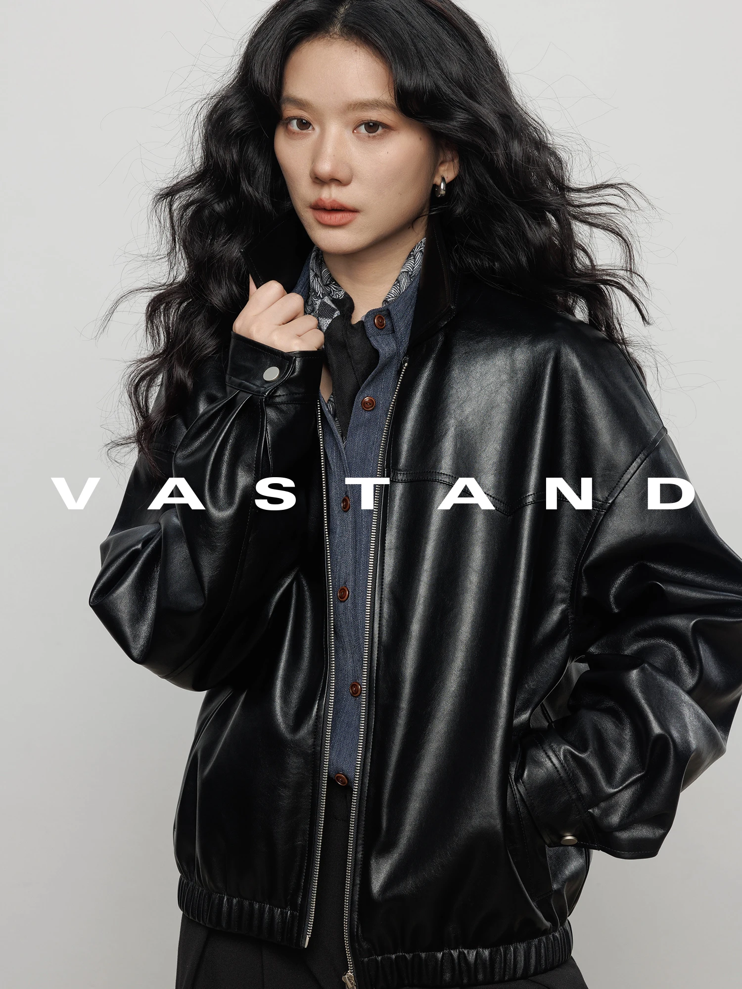 Vastand Casual Style Loose Fit Black PU Leather Jacket Women's Outerwear Simple Design Commute Friendly Fashionable Coat