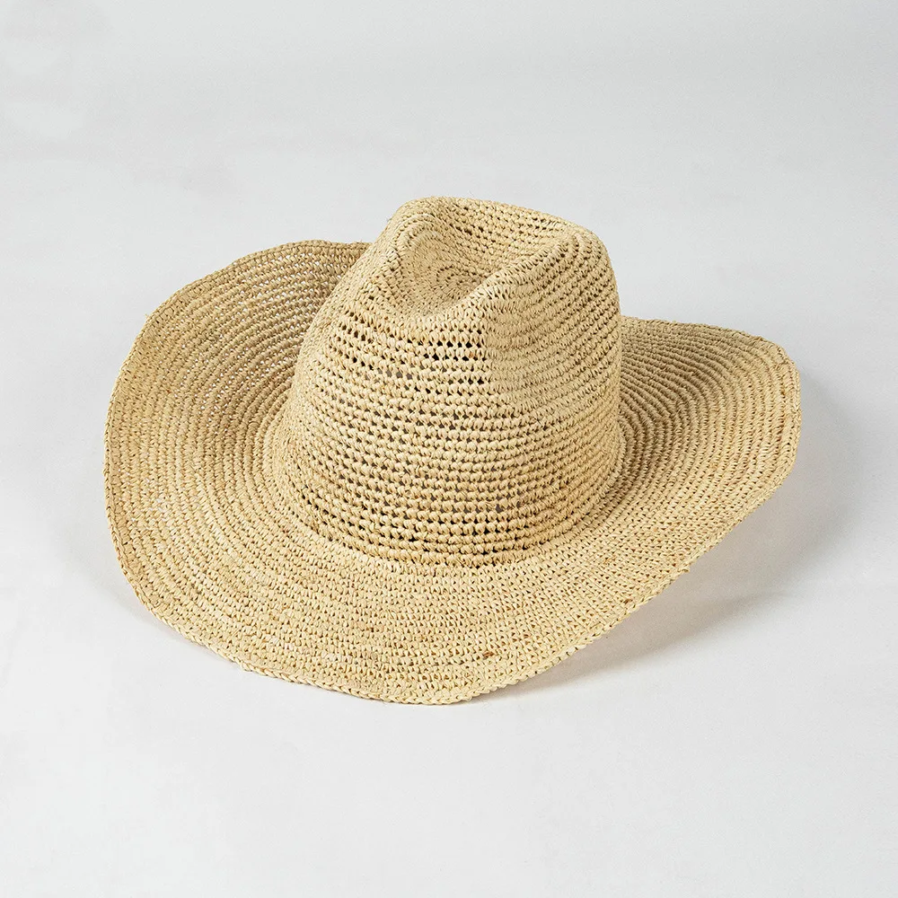 USPOP New Spring Summer Fashion Casual Simple Crochet Raffia Cowboy Hat with Curled Brim Outdoor Sun Protection Straw Hat