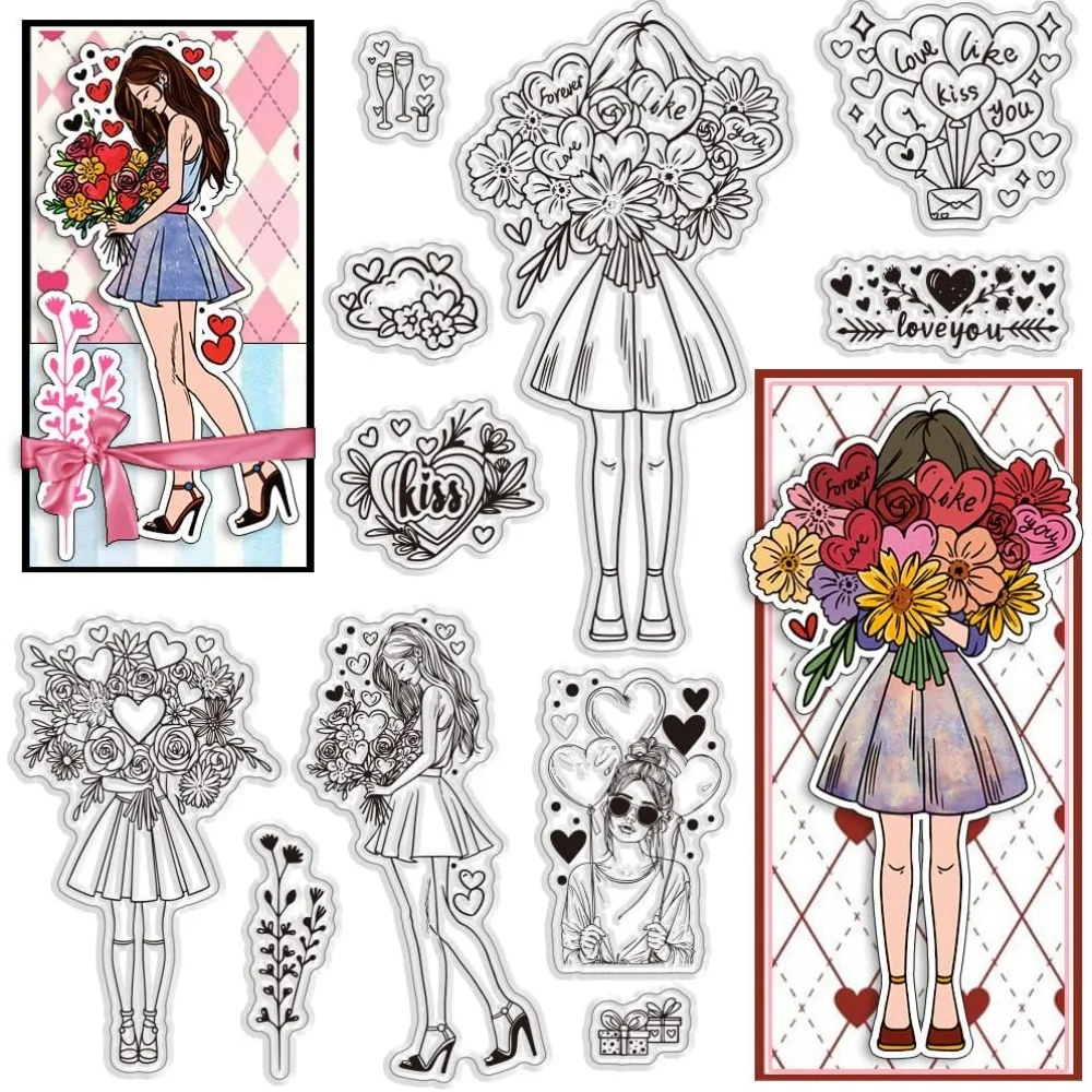 1PC 11-teiliges transparentes Stempel-Set, Stempel, Blumen, Kuss-Stempel für Journaling, Kartenherstellung, Scrapbooking, Fotoalbum, Dekoration