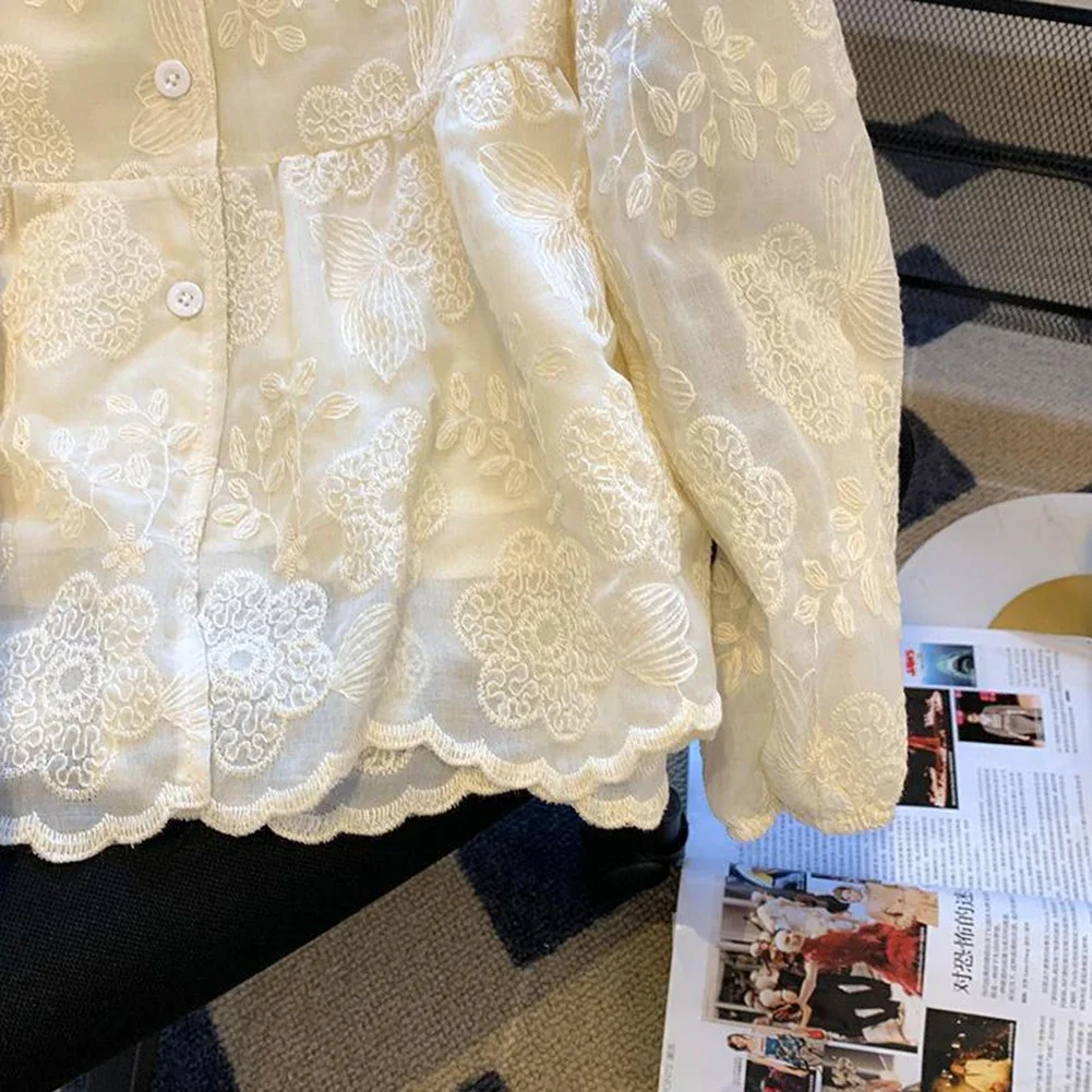 

High Quality Shirts Long Sleeve Shirts M-XXL Polyester Apricot Blouse Lace Female Elegant Cute Tops Shirts Solid