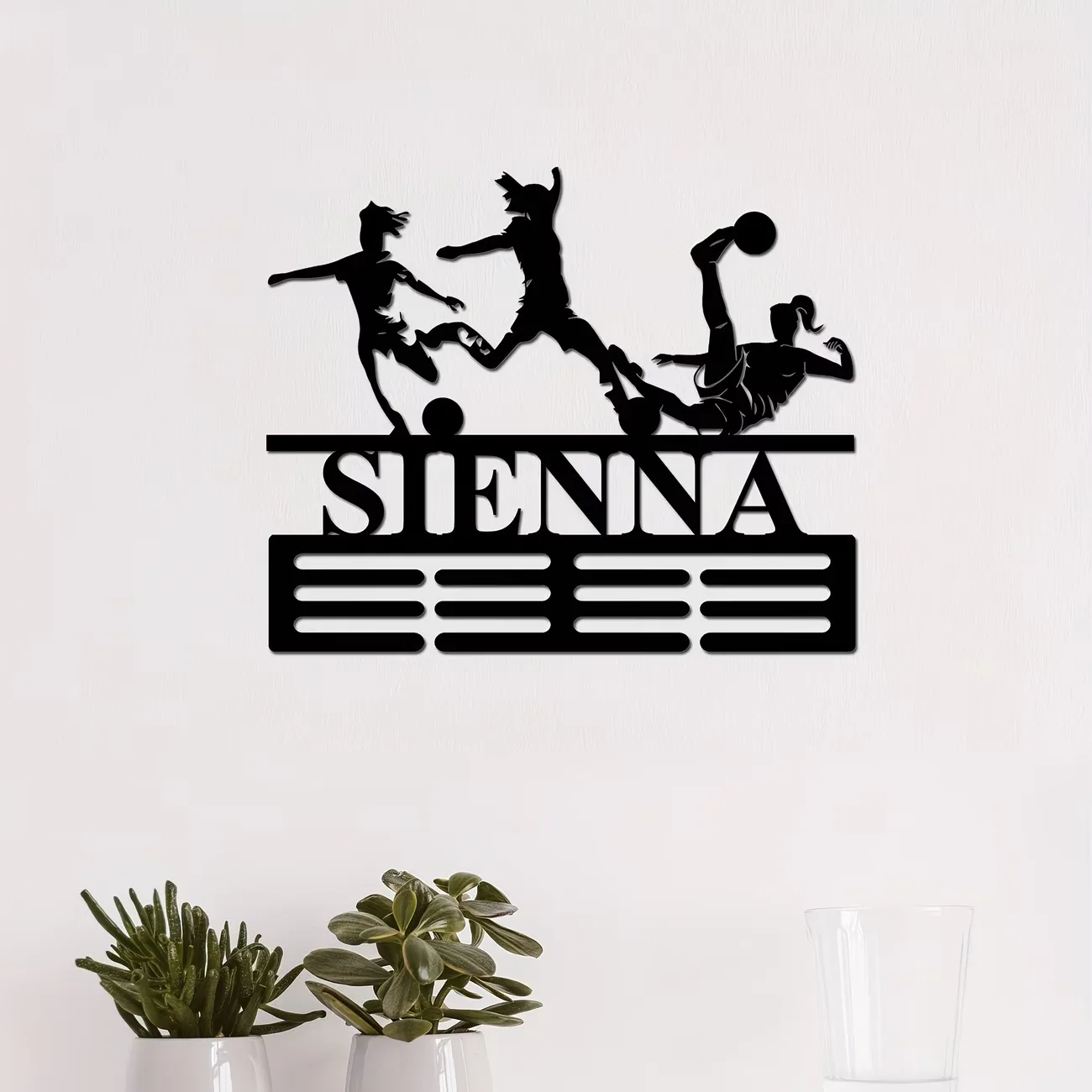 Personalized metal Soccer Girl Medal Display Rack, Features a Ribbon Ladder Design, Perfect for Decorating a Soccer Honor Wall view 3