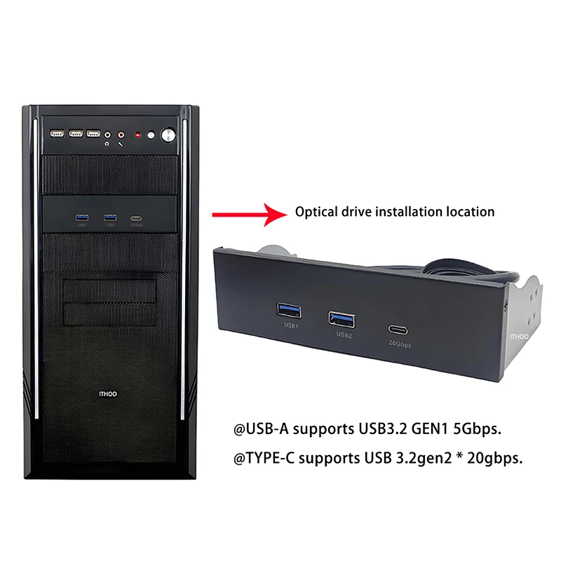 

5.25" Floppy Drive Bay USB Front Panel, 2 Port USB 3.2 Gen1 5Gbps and 1 Port Type-C 10Gbps/20Gbps for PC