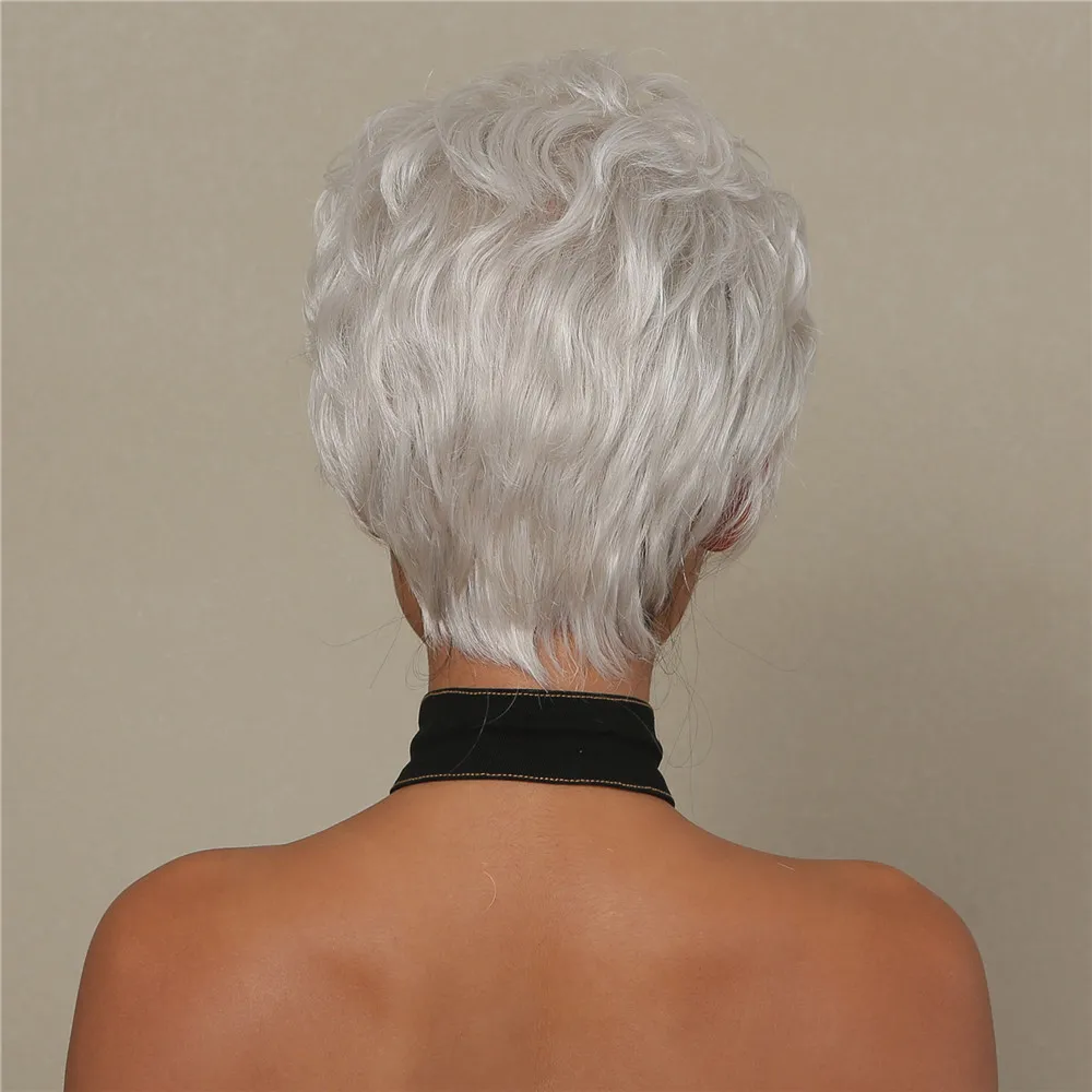 Natuurlijke Zilver Pluizige Gelaagde Pixie Cut Pruik Menselijk Haar Mix Synthetische Pruik Kort Blond Golvend Bang Hittebestendige Daily Pruik vrouwen