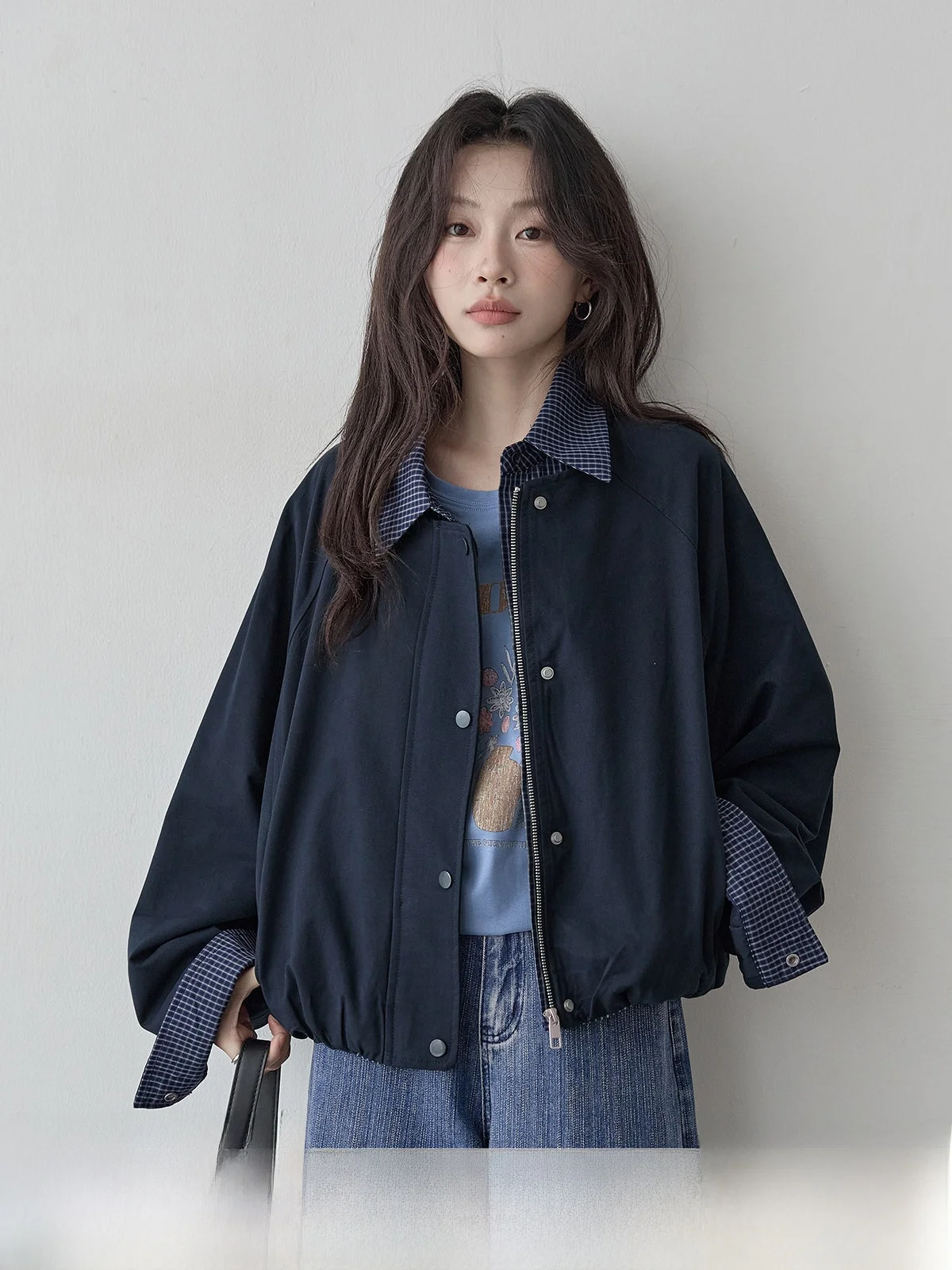 

Deep Blue Plaid Fake Two-Piece Jacket Women's Short Style Korean Spring New Arrival Casual Long Sleeve Button up Coat