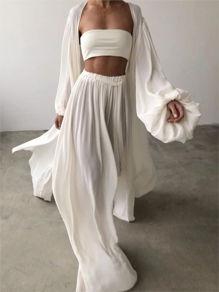 

Spring New Women Leisure Set Solid Chiffon Shirt Wide Leg Pants Three-piece Set Elegant Women Pants Set Office Lady Clothing