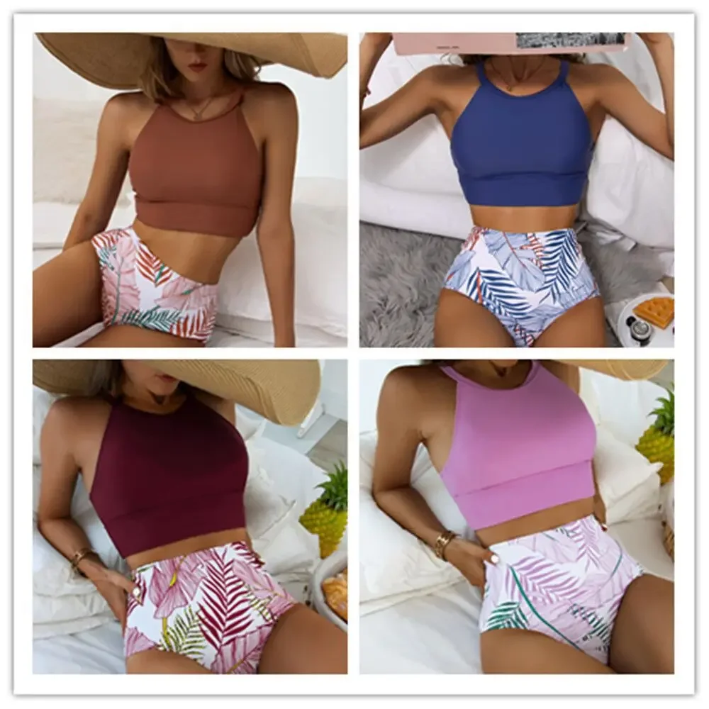 

2023 High Waist Bikini Women High Neck Swimsuit Printed Swimwear Female Padded Beachwear Bathers Bathing Swimming Swim Suit