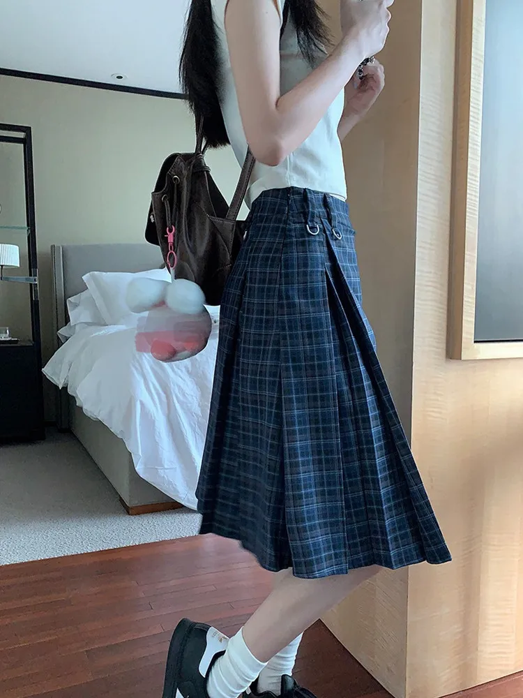 Korean style Preppy Fashion Vintage Plaid Summer Women Midi Skirt High Waist Pleated A-line Temperament Loose Y2K Skirt