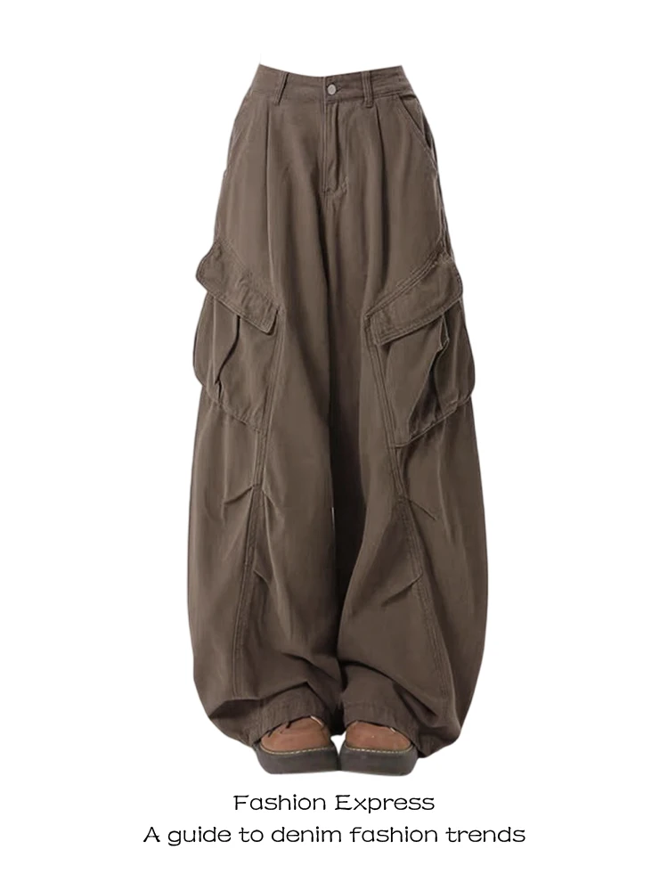 

Женские рабочие джинсы с высокой талией и широкими штанинами, темно-коричневые, с эффектом потертости, осенние, новые, свободные, длинные брюки с большими карманами