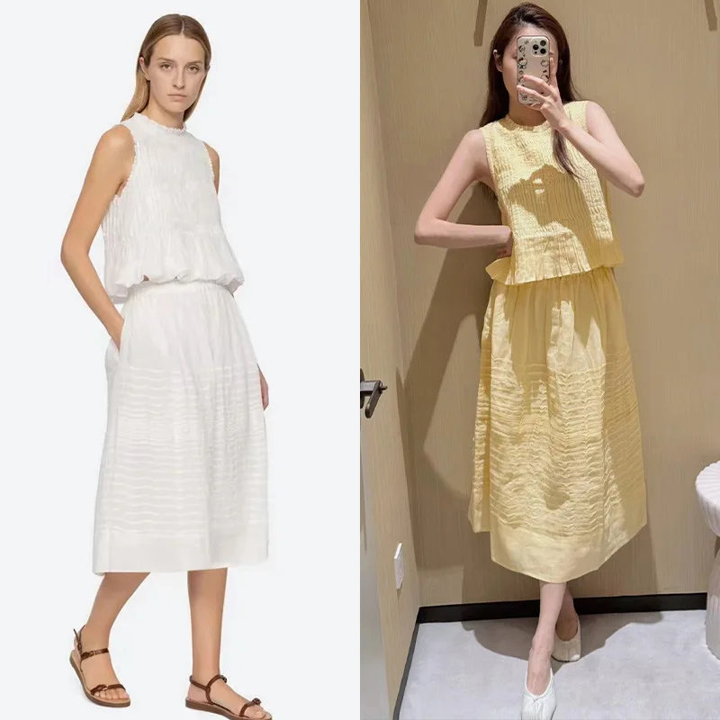 

Весна-лето Fre Sle плиссированные детали круглый топ без шнуровки f комплект юбки женский модный ансамбль хлопчатобумажная ткань