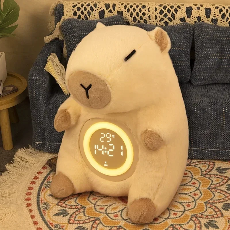 Cute Capybara Plush Kids Alarm Clock Night Light, Dual Alarm Time Temperature Display, Adjustable Brightness Sleep Soothing Beds