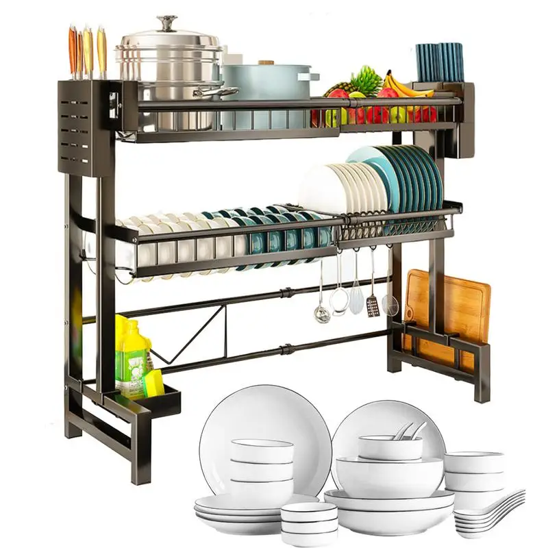 

Dish Racks For Kitchen Counter 2-Tiers Retractable Sink Organizer Rack Dish Drainer Rack Stainless Steel Kitchen Sink Shelf