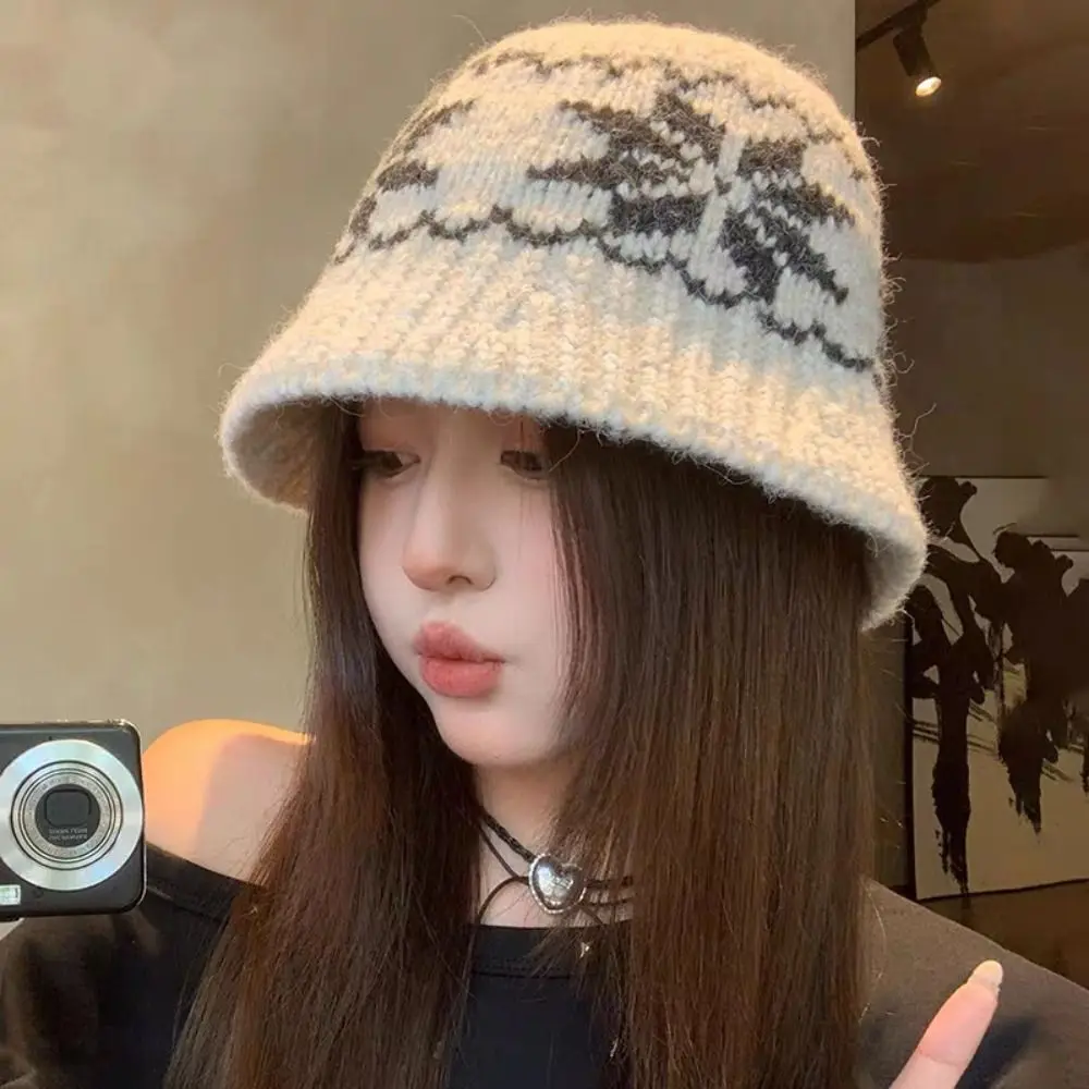 

Warm Snowflake Jacquard Knitted Hat Printed Fair Isle Style Jacquard Pattern Beanies Vintage Wool Printing Knit Cap Girls
