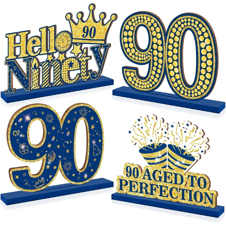 Feliz 90th aniversário decorações de mesa azul 90th aniversário peças centrais sinal azul marinho ouro 90th aniversário festa suprimentos de